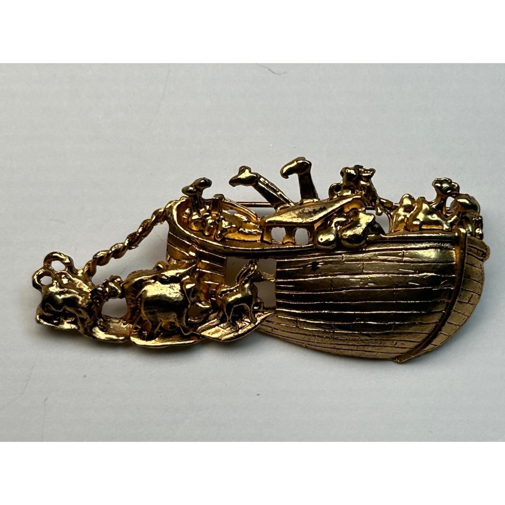 Gold Tone Noahs Ark Brooch Pin Animals Pairs Vintage Collectible